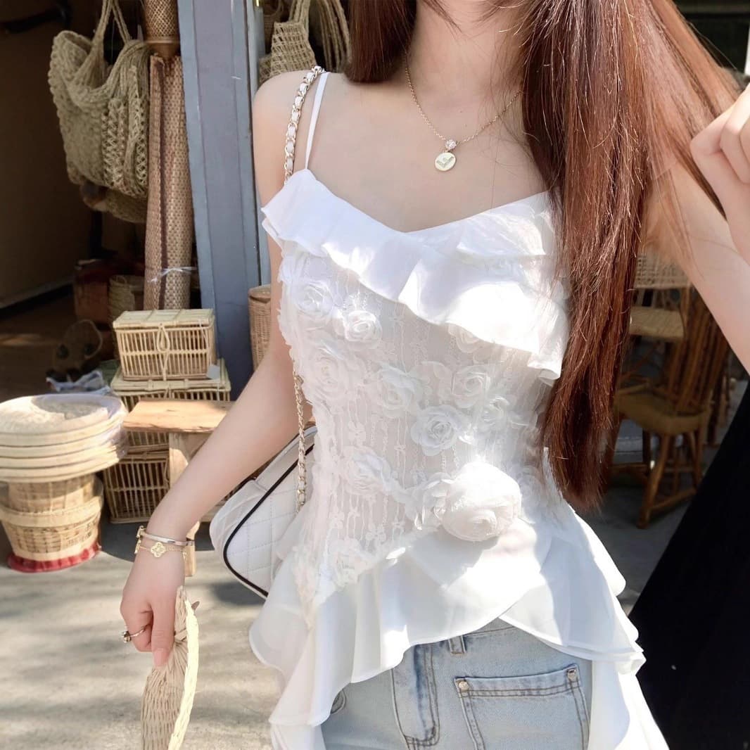 2025 new summer white camisole female super fairy holiday style Korean style versatile irregular ruffled top