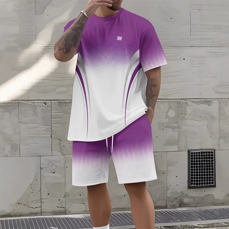 Gradient 3D Printed Sports Suit Men's Summer Casual Loose Short-Sleeved Shorts Two-Piece Set Trendy Versatile Breathable