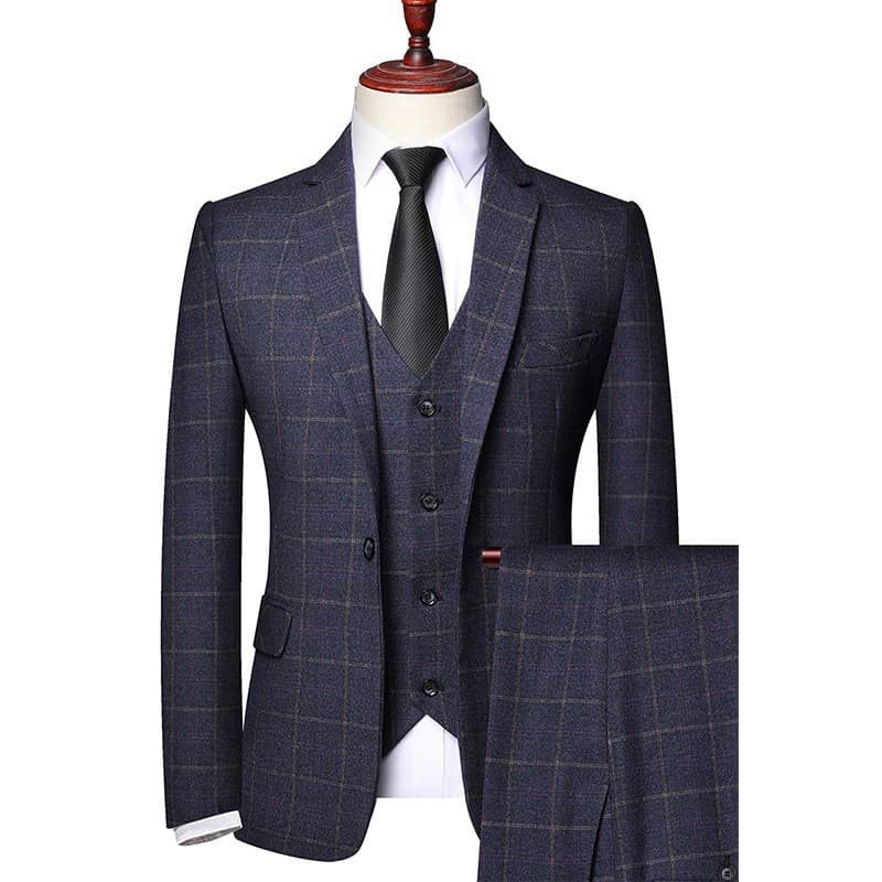 Cross-border Big Size Men's Suit Set Three-Piece Spring/Autumn Business Formal Wear Plaid Suit
