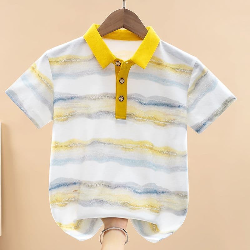 New summer striped polo shirt for boys, short-sleeved T-shirt, trendy sleeveless style, with turn-down collar.
