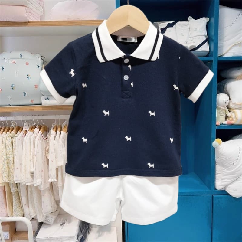 New Summer Baby Boy Navy Blue Turn-Down Collar Polo Shirt and White Shorts Two-Piece Set Gentleman Korean Style MS531102
