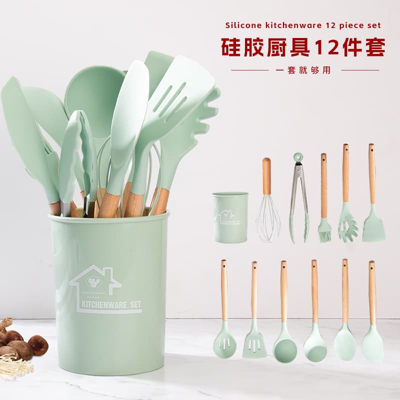 Cross-border kitchen set with wooden handle, silicone spatula, cooking ladle, non-stick pan, wok spatula, 12-piece set, storage bucket in stock.