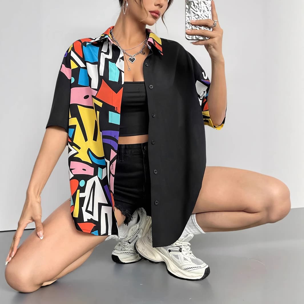 Women's Elegant Color Block Print Loose Shirt with Contrasting Colors, Fashionable Street Style Export Shirt