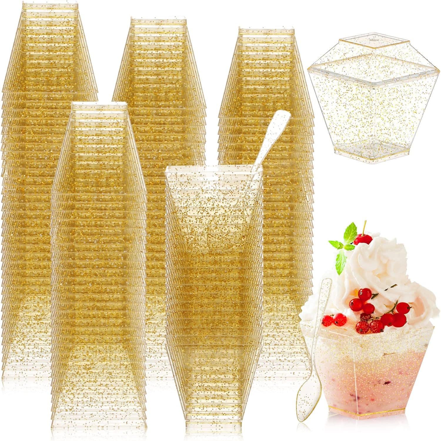 In stock: Square disposable transparent 2OZ mini plastic dessert cups with gold and silver glitter and a spoon.