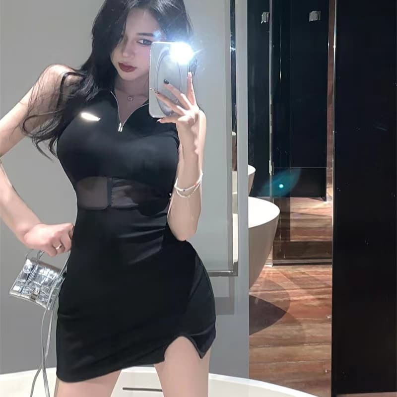 Spice Girl Mesh Stitching Lapel Black Sleeveless Vest Dress Women's Summer Waist Split Sexy Hip Skirt