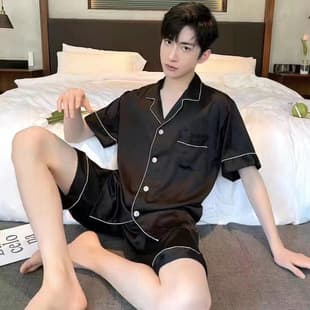 Wholesale Cross-Border Men's Ice Silk Pajamas Summer Short Sleeve Short Pants Silk-Like Homewear Set Thin Wearable