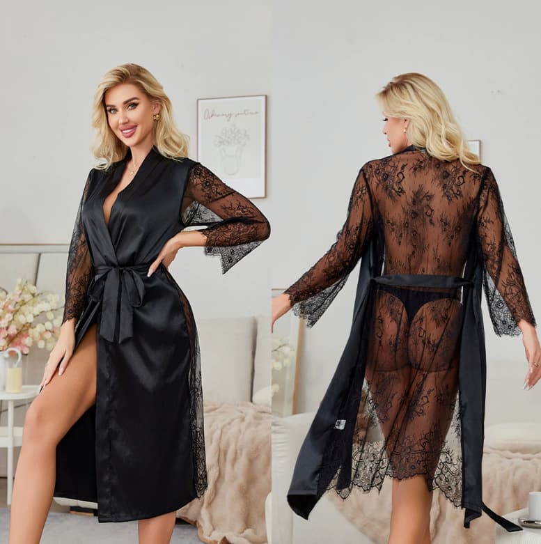 Cross-Border Amazon New Sexy Home Wear Women's Summer Pajamas Lace Patchwork Nightgown Bathrobe Long Nightgown Wholesale