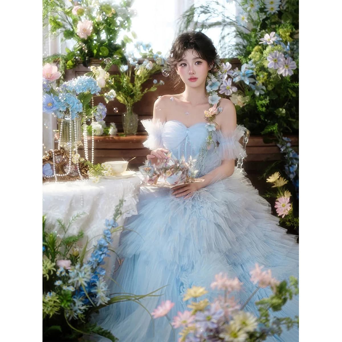 Photo Studio Theme Clothing High-End Wedding Photography Colorful Tulle Skirt One-Shoulder Wedding Photo Studio Location Dress Princess Skirt