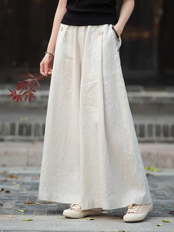 Literary retro casual pants cotton and linen wide-leg pants elastic waist 2026 spring and summer new style versatile large size loose women