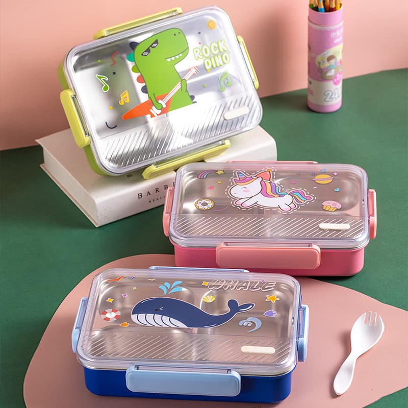 Cross-border lunch box children's stainless steel dinner plate cartoon three-compartment student lunch box primary school student divided lunch box wholesale