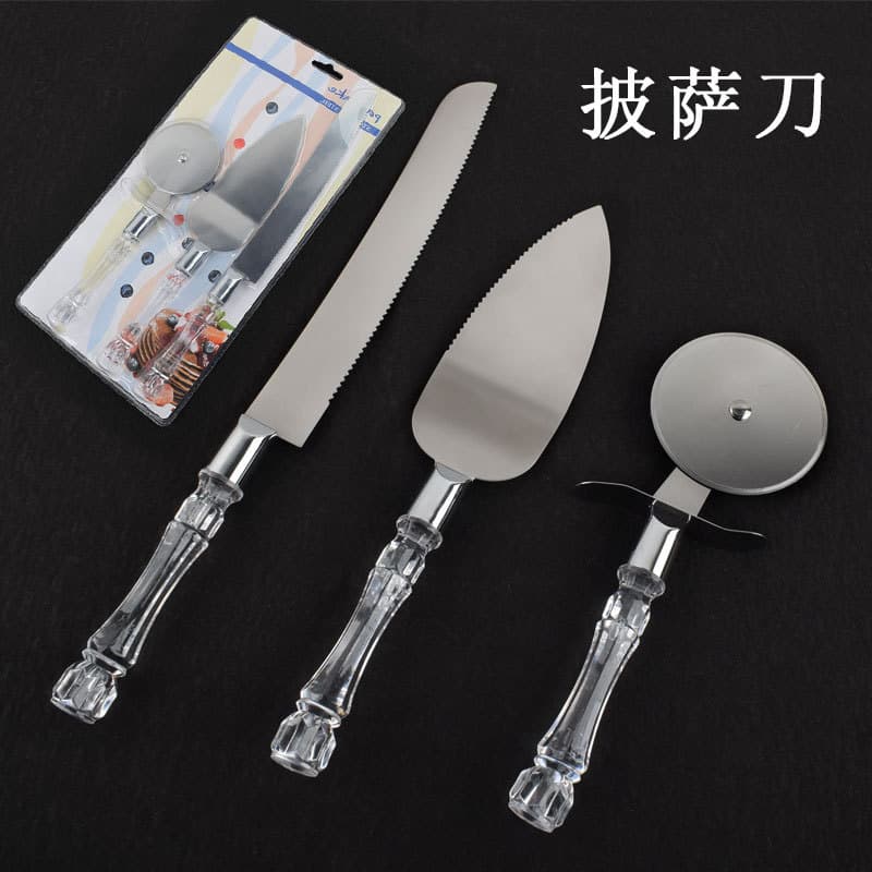 Transparent Crystal Handle Stainless Steel Celebration Wedding Cake Baking Spatula Pizza Knife Divider Wheel Knife Set