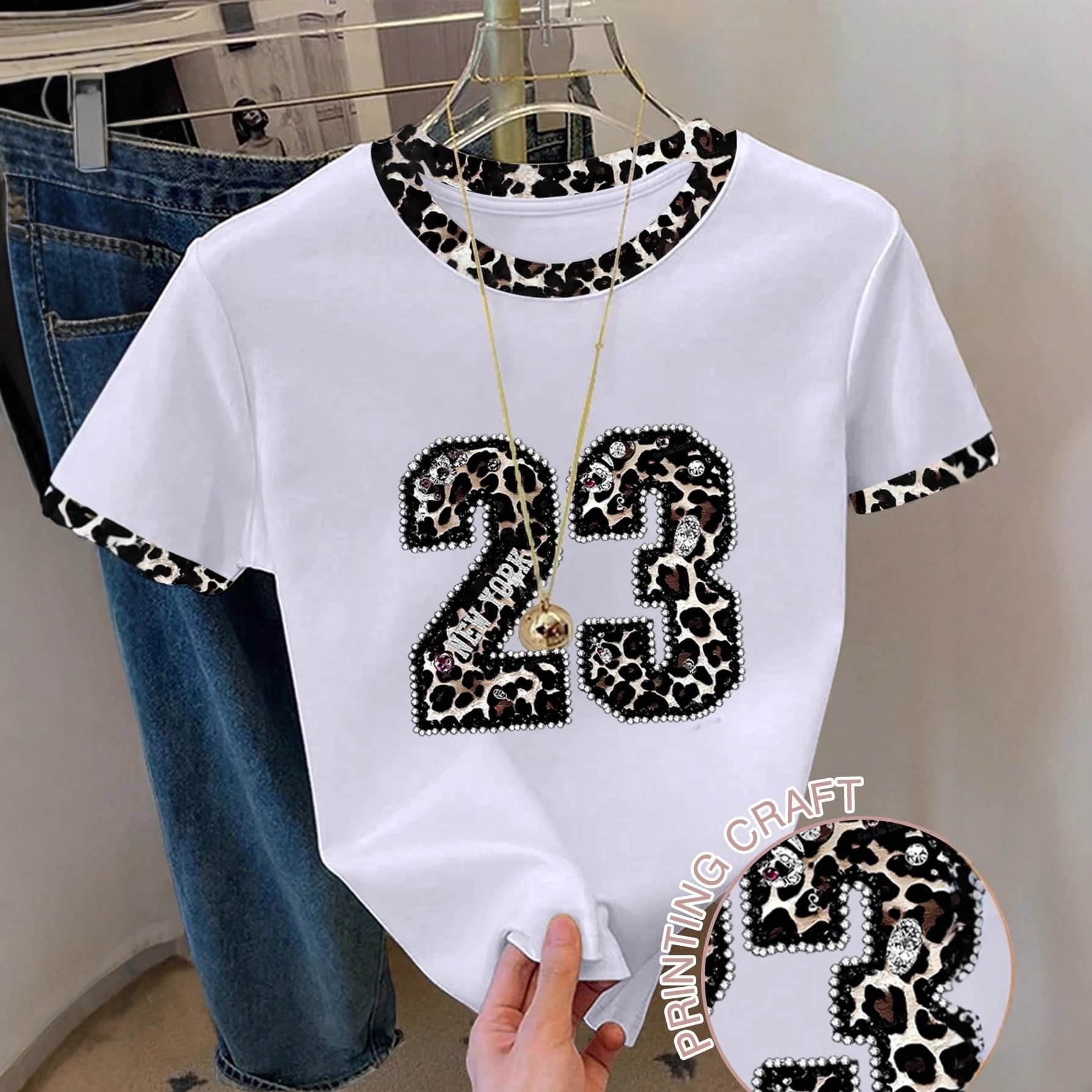 Summer Fashion Casual Women's Short Sleeve Bow Diamond Print Amazon New Style Round Neck T-Shirt