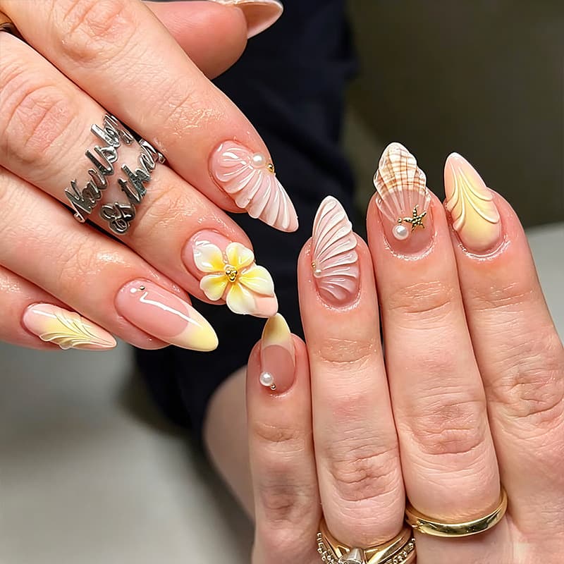 European and American ins style 3D three-dimensional wearable nails short style white yellow flower dots diamond shell pearl wearable nails