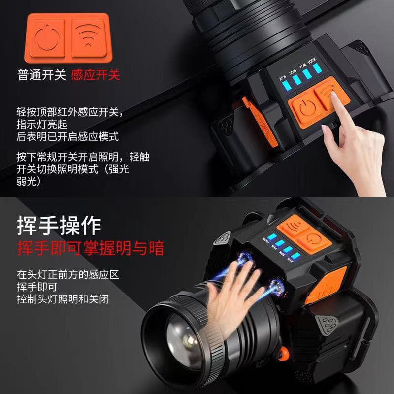 Cross-border LED Headlamp, Bright USB Rechargeable, Motion Sensor, Yellow Light, Head-Mounted Long-Range Outdoor Night Fishing Mining Light