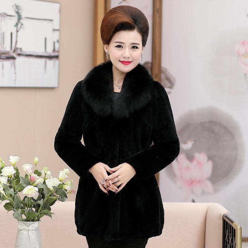 Autumn/Winter Faux Fur Coat Women Mid-Length Faux Rabbit Fur Faux Mink Faux Fox Fur Collar Plus Size Mother Coat