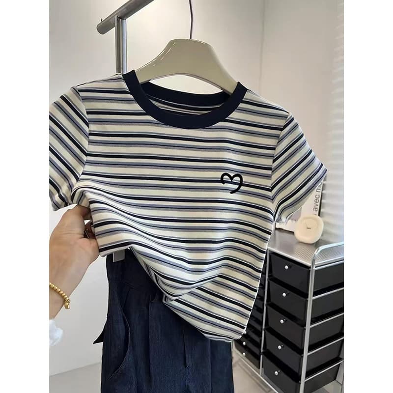 Women's Fashion Versatile Cotton T-Shirt with Color-Blocked Striped Round Neck and Short Sleeves for Spring, Summer, and Autumn