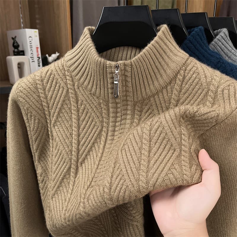 Men's Cashmere Blend High-End Winter Mid-Aged Casual Half-Zip Mock Neck Thick Warm Knit Sweater