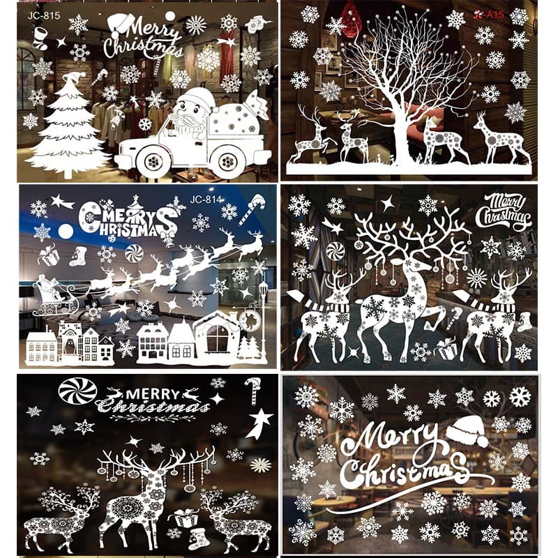 Christmas Window Decorations 3D Static Cling Snowflakes Deer Sleigh Christmas Tree Stickers Western New Year Window Decals