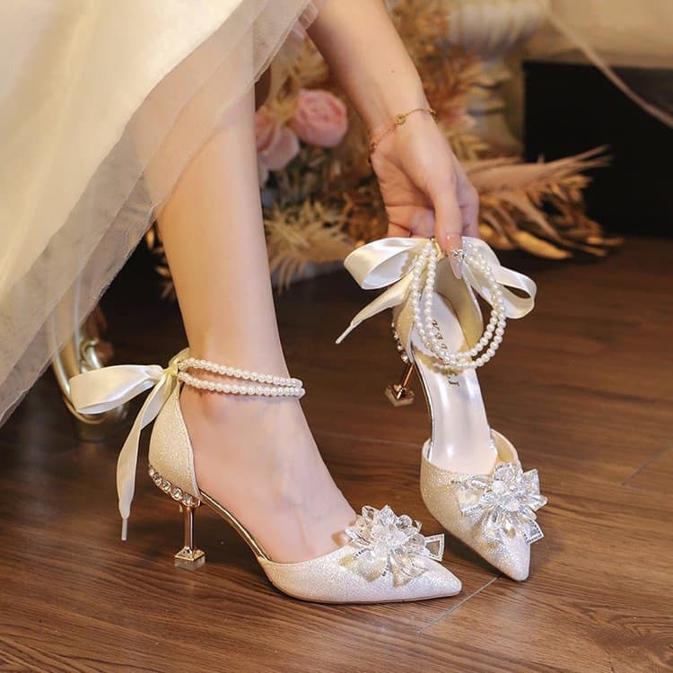 2026 Summer New Style Sequined Single Shoes for Women, Thin Heels, Hollow High Heels, Pearl Crystal Flower Bridesmaid and Bride Shoes