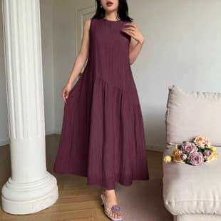 Oversized sleeveless maxi dress for plus-size women, crinkled A-line skirt, hot-selling style from export source factory