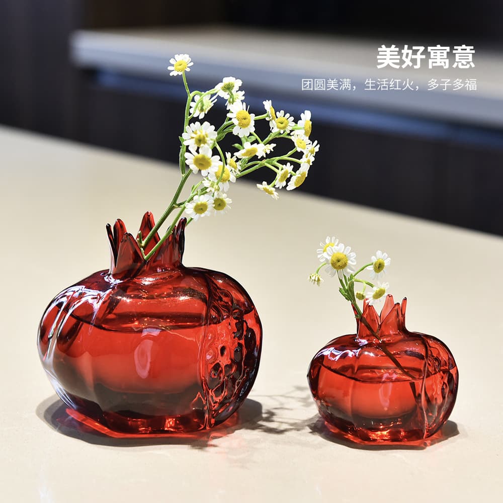 Chinese Red Glass Vase Pomegranate Decorative Ornament Premium Mini Home Luxury Hydroponic Table Flower Arrangement Vessel