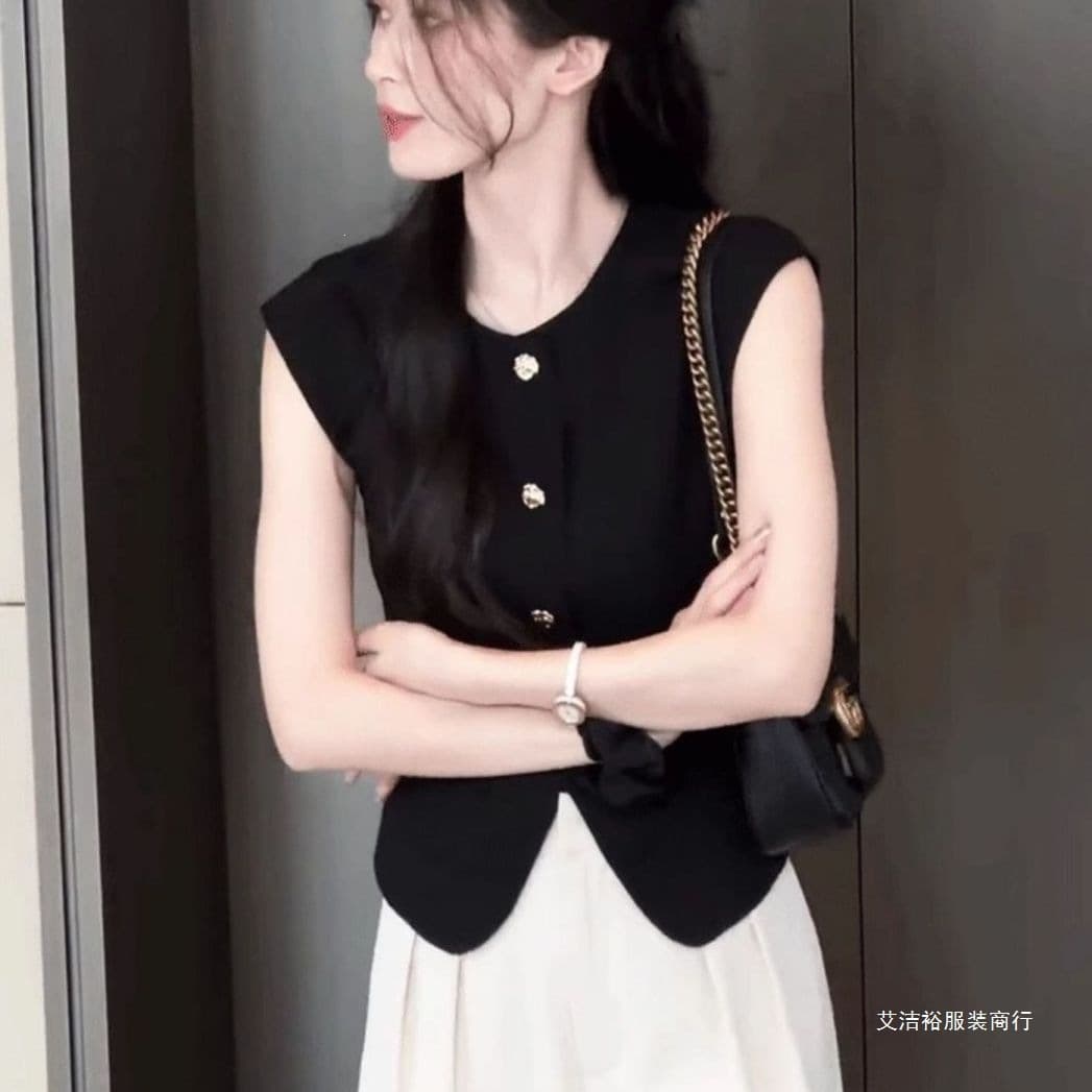 Mature Casual Lazy Chanel-Style Black Vest for Women Summer Outer Layer Trendy Layering Short Cardigan Top