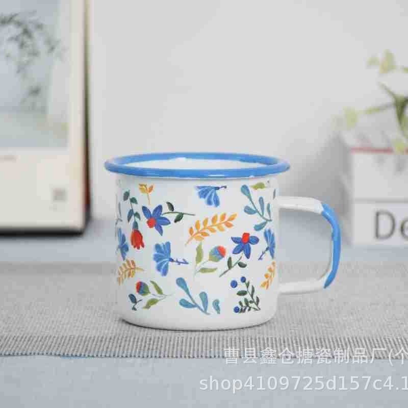 Large Capacity Thickened Enamel Cup Tea Mug Retro Colorful Coffee Cup with Printed Pattern Colorful Enamel Cup