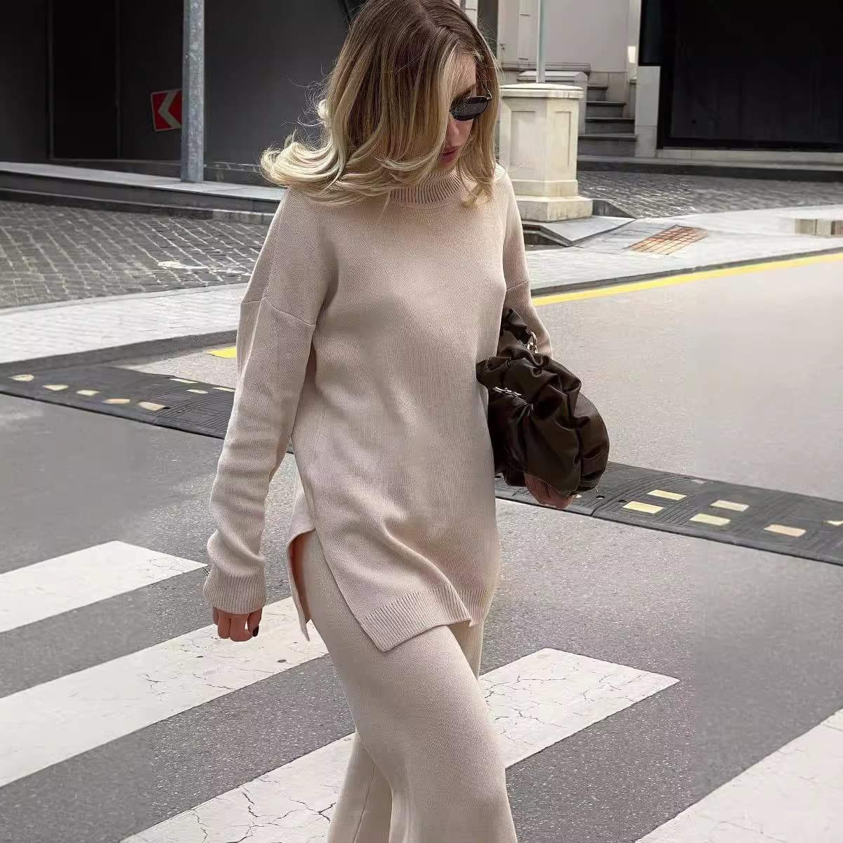 2024 New Women's Polo/Turtleneck Sweater Casual Style Loose Fit Solid Color Knit Sweater European and American Trend Side Slit