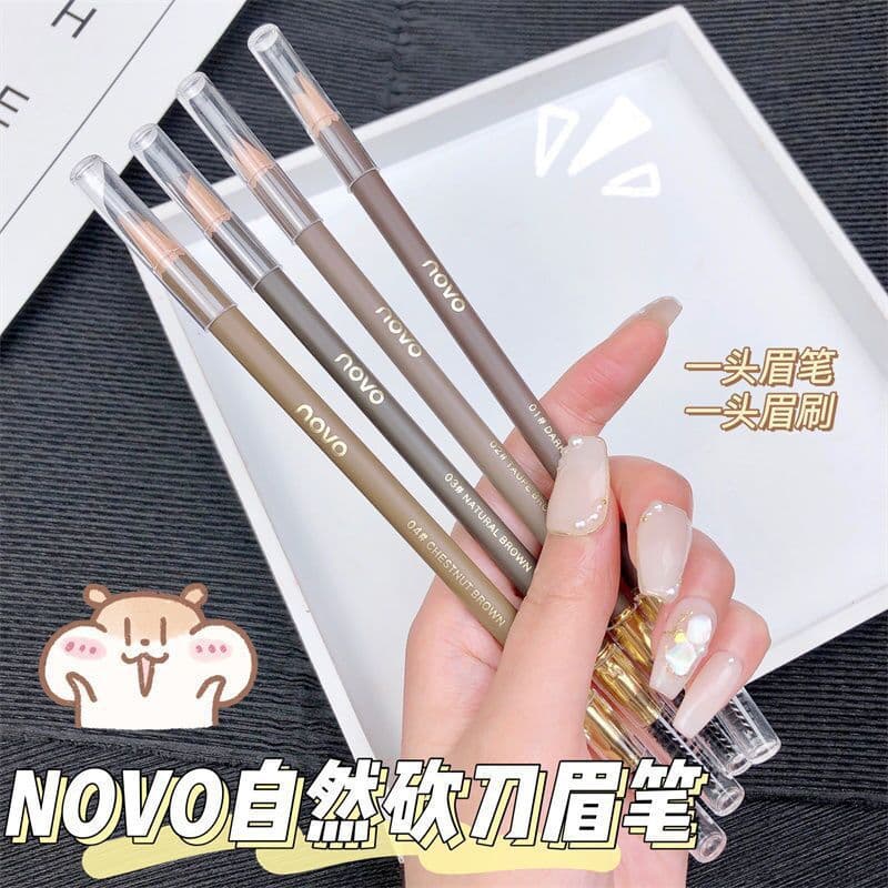 NOVO Wooden Hard-Core Dual-Ended Eyebrow Pencil, Waterproof, Sweat-Resistant, Smudge-Proof, Defined Strokes, Pencil Style, Sharpenable, Duckbill Flat Tip