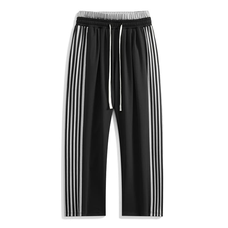 3727 Large Size Double Waistband Faux Two-Layer Casual Pants for Men, Striped Patchwork, Draped Sports Wide-Leg Long Pants for Export