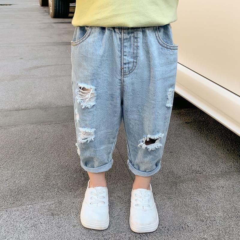 Boys' Spring/Autumn Soft Denim Jeans with Holes, Baby Girl Summer Korean Loose Thin Nine-tenths Pants