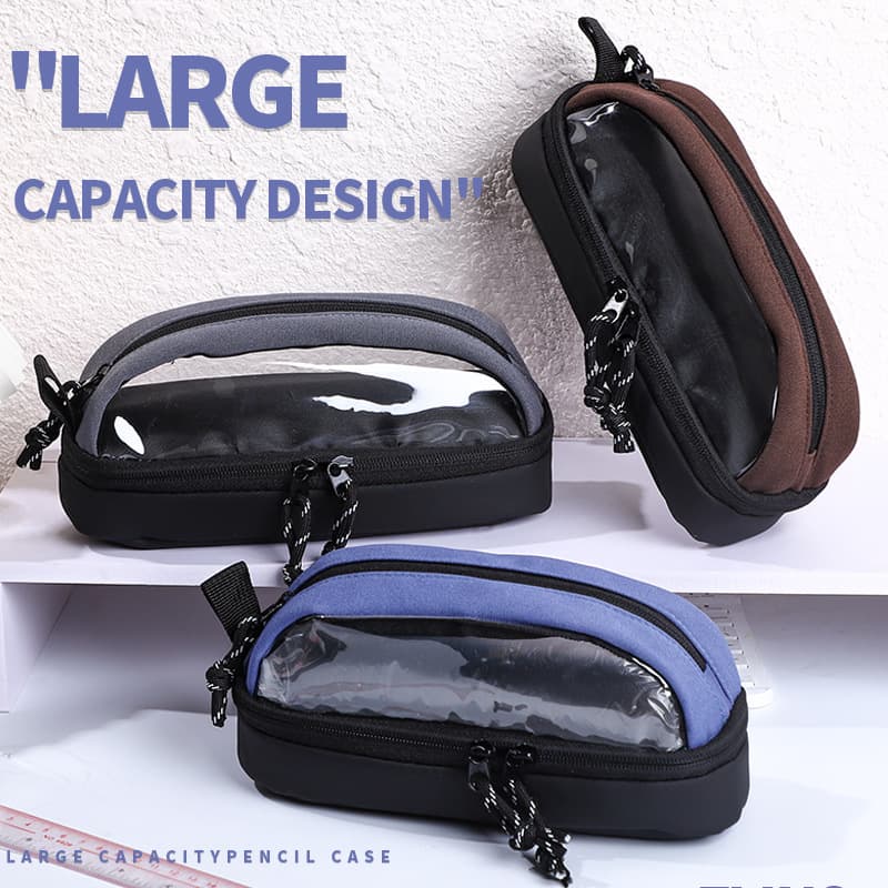 Semi-circular transparent pencil bag for students, multifunctional, high-looking, three-layer square stationery bag, portable pencil bag, large capacity, simple
