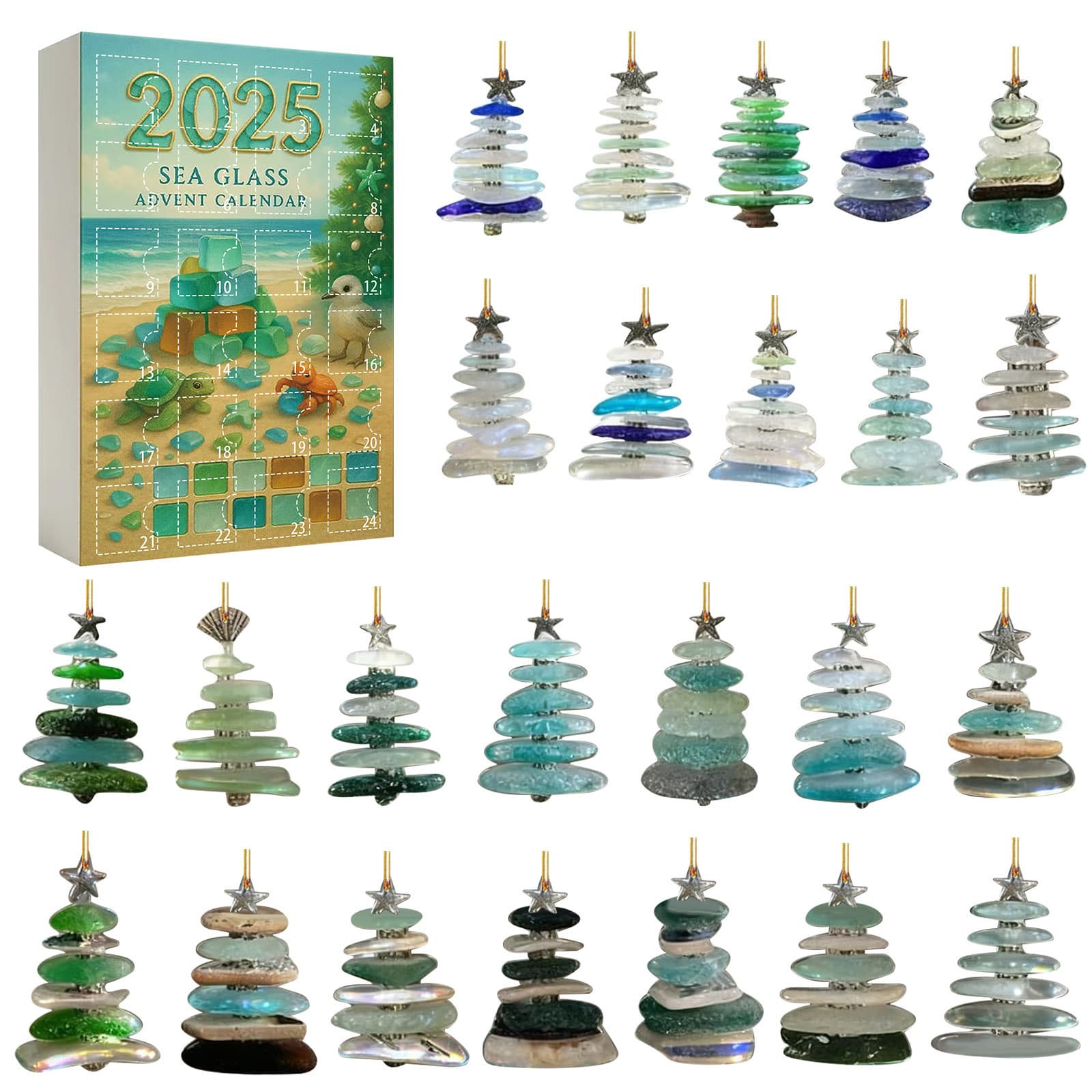 New cross-border product: 24pcs Sea Glass Christmas Tree Countdown Calendar Blind Box Festive Gift Acrylic Pendant