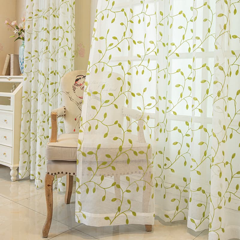 Cross-border Window Screen Curtains American Style Amazon Embroidered Green Leaves AliExpress Drop Shipping Finished Gauze Curtains Factory Wholesale
