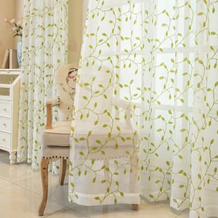 Cross-Border Window Sheer Curtain American Amazon Embroidered Green Leaf AliExpress Drop Shipping Ready-Made Sheer Curtain Factory Wholesale