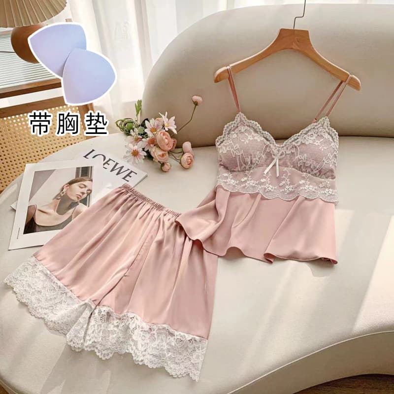 Summer Ice Silk Thin Sexy Lace Strap Shorts Set Women's Outerwear Home Clothes V-neck No-sleeve Comfortable Breathable Sleepwear