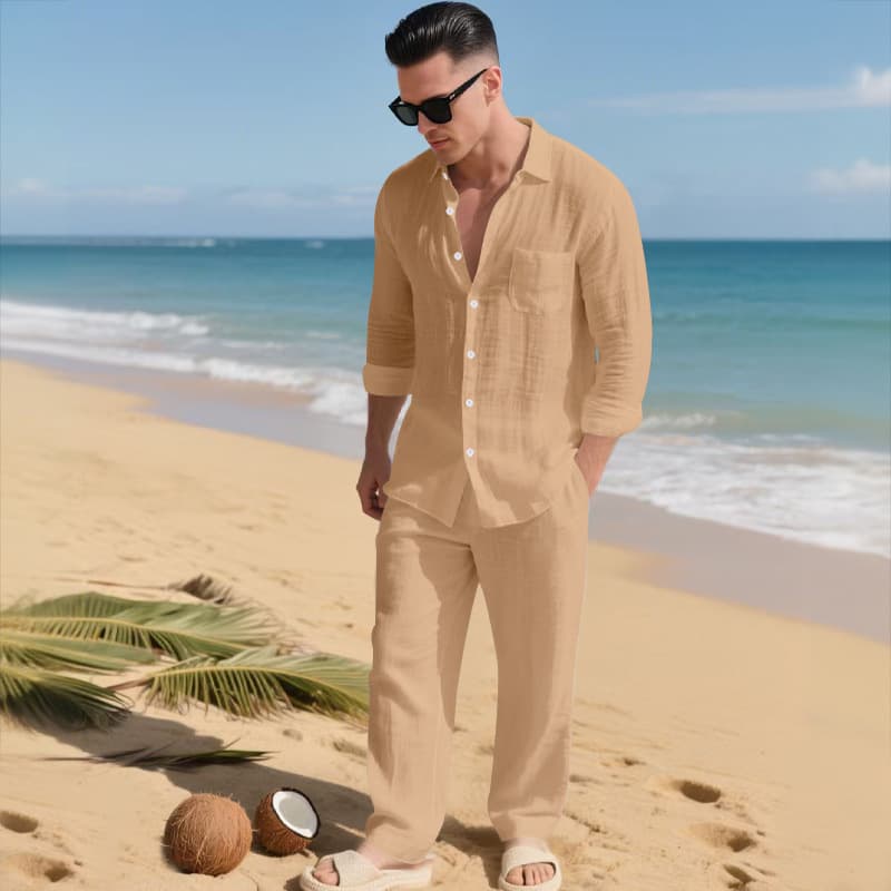New European and American Style Men's Linen Lapel Long-Sleeve Shirt and Pants Set, Beach Breathable Vacation Casual Wear