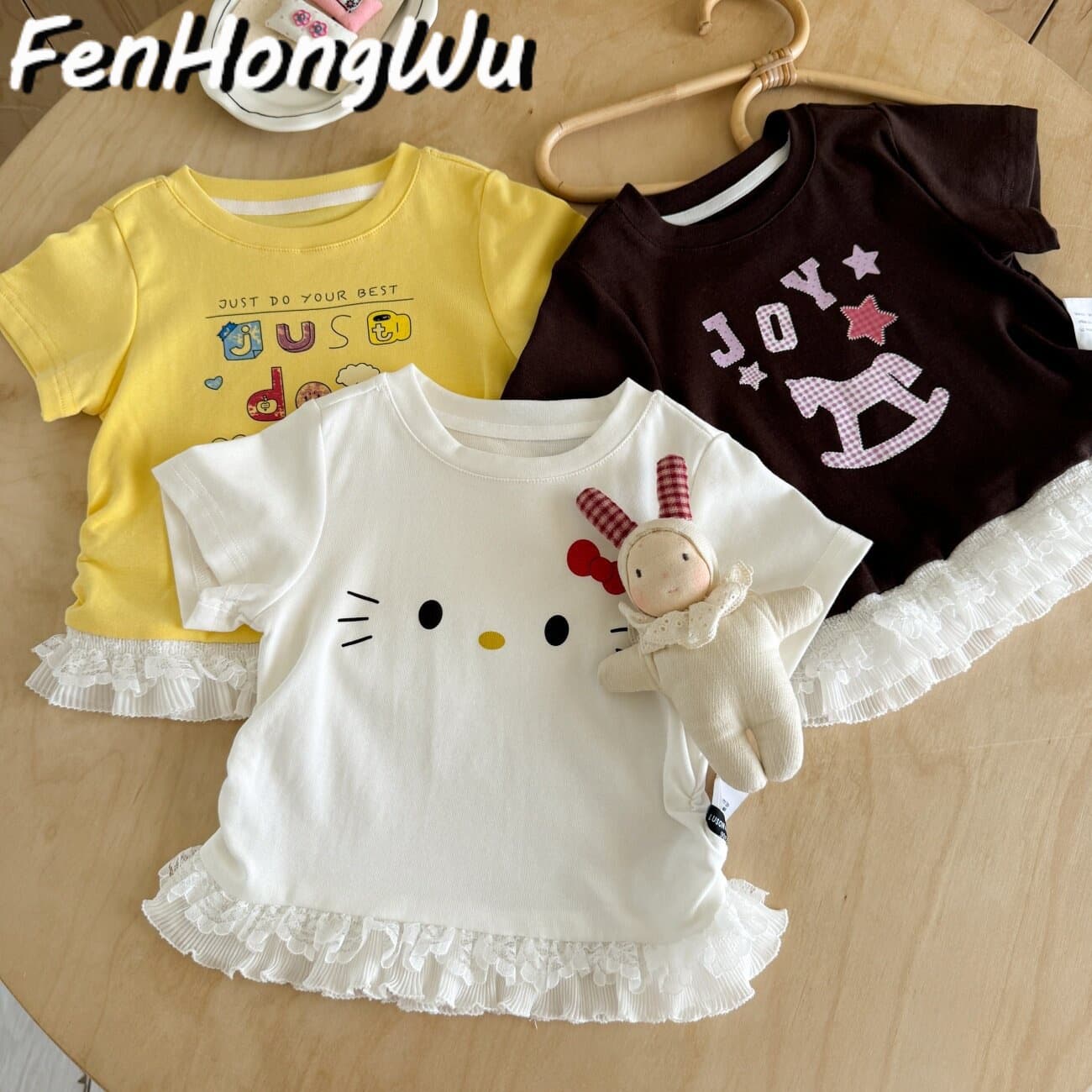 【Pink House】Women's Summer Lace Trim Round Neck Loose Fit Cute Cartoon Print Short Sleeve T-Shirt
