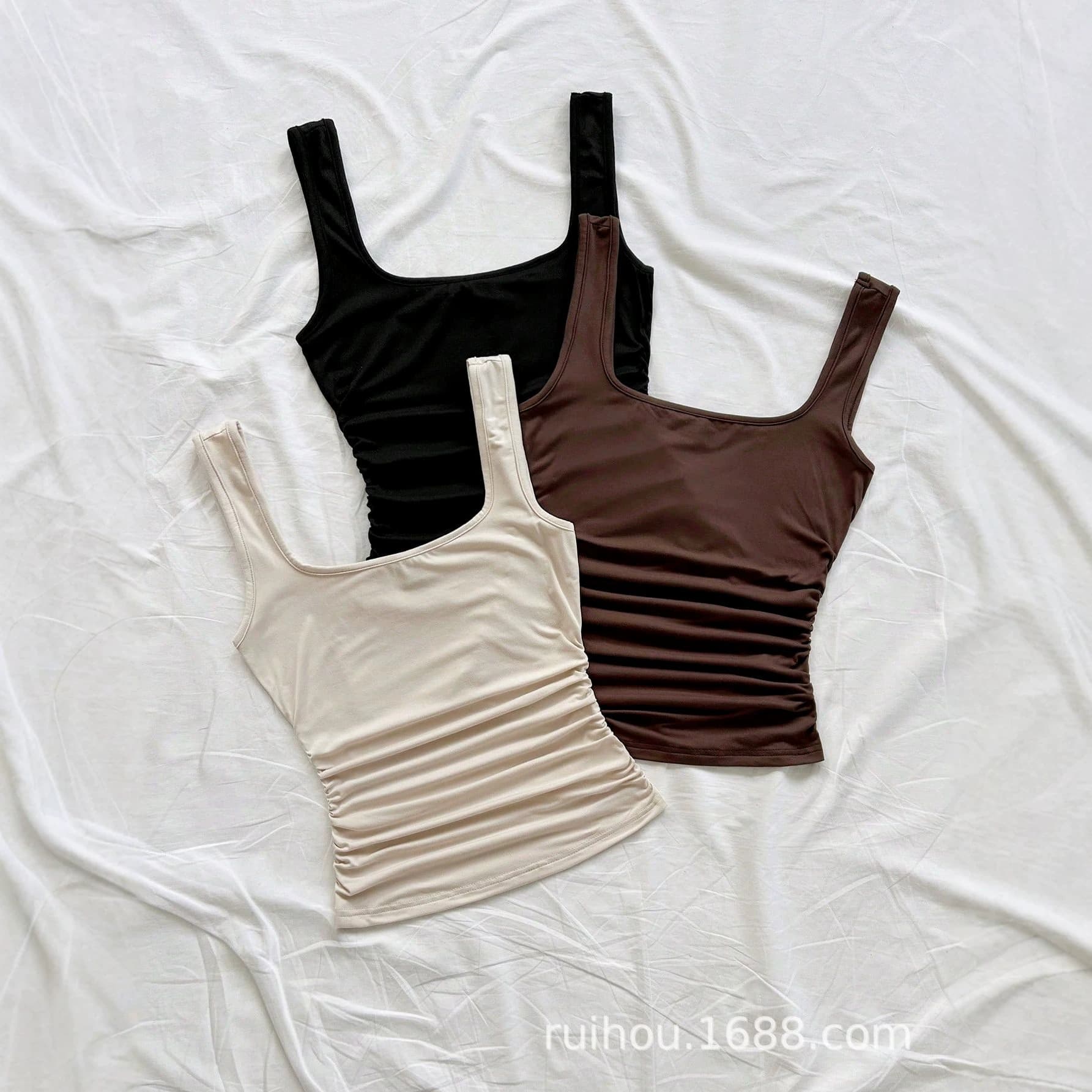 Cross-border square neck slim camisole for women, side pleats to slim the waist, solid color sleeveless inner layer