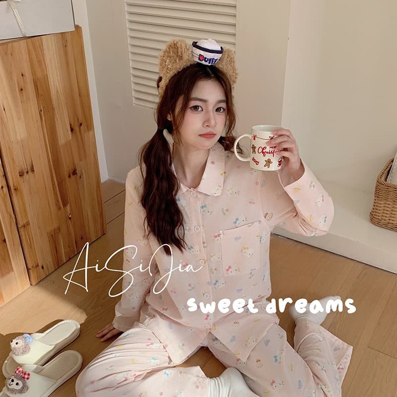 100% Pure Cotton Double-Layer Gauze Pajamas for Women, Summer Soft and Breathable Long-Sleeved Cartoon Light-Colored Striped Thin Home Wear