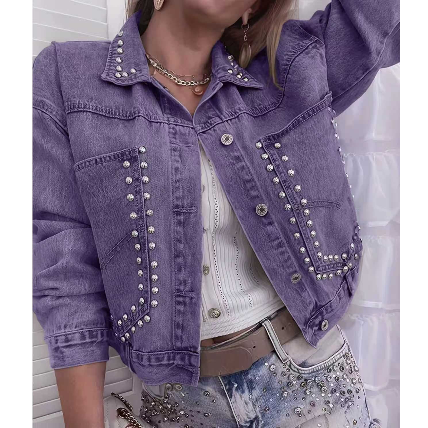 Beading Women's Plus Size Fashionable Denim Top Beading Decoration Stretch Denim Top Jacket