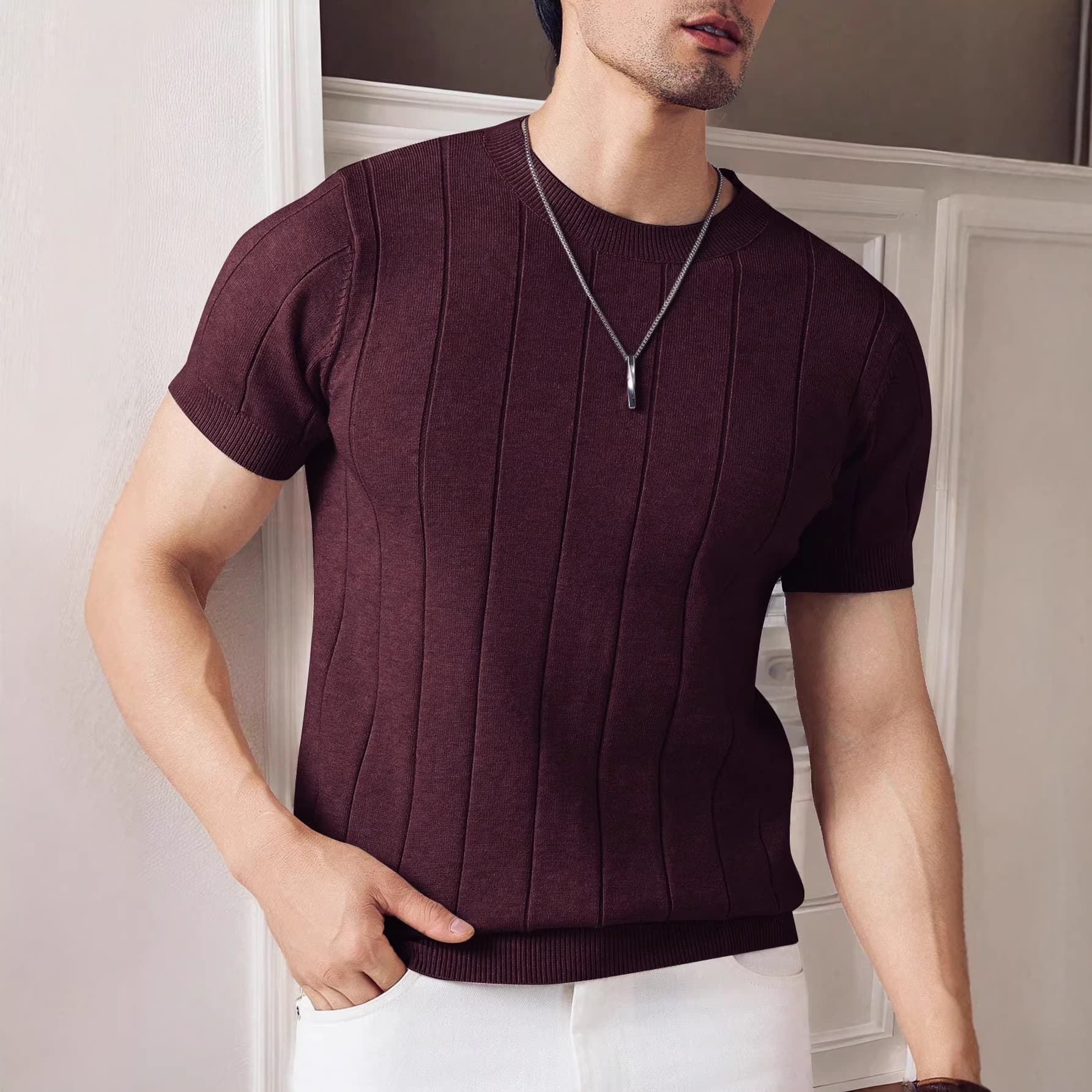 Cross-Border Ice Silk Knitwear Men's T-Shirt Short-Sleeved Solid Color Clothing Summer Men's Casual Trendy Tops T-Shirt for Men
