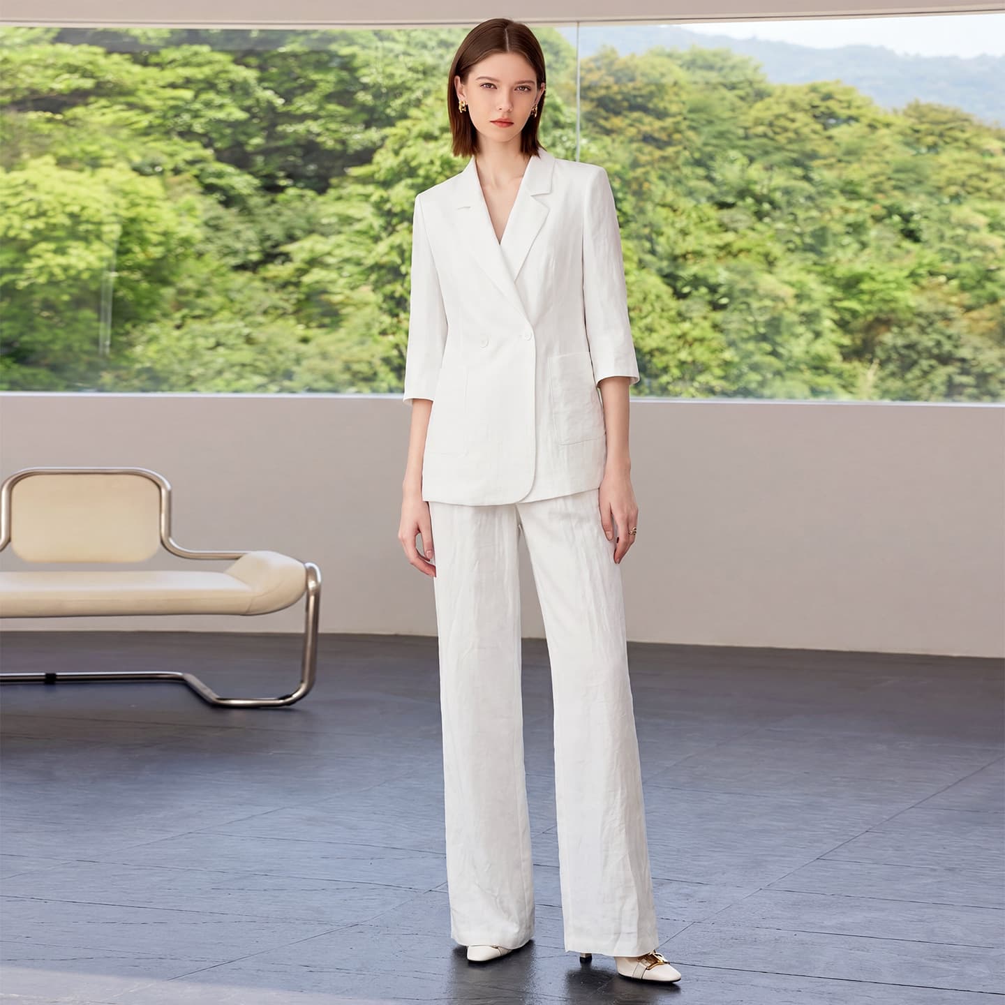 New simple and elegant style white three-quarter sleeve suit suit for women summer slimming workplace casual two-piece suit