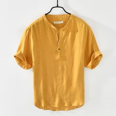 Summer Casual Solid Color Stand Collar Short Sleeve Shirt for Men, Japanese Fresh Breathable Pullover Shirt T-Shirt Trendy Top
