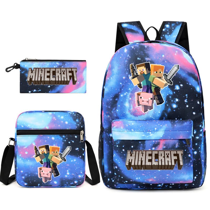 21 Popular Games Minecraft Creeper Backpack Pen Bag Shoulder Bag Three-piece Canvas School Bag 02