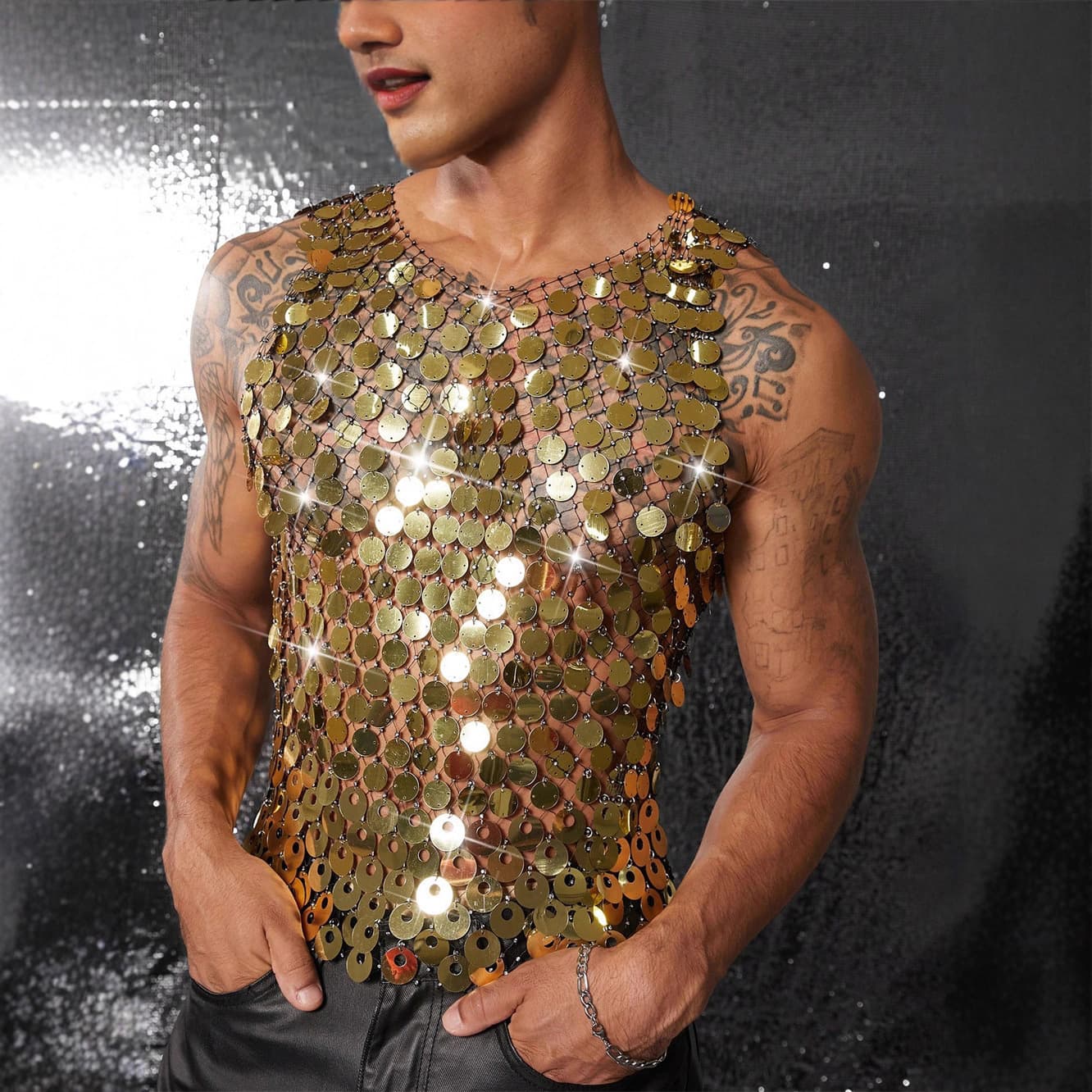 European and American heavy industry sequined hollow vest suspender short retro handmade trendy vest men's 25109
