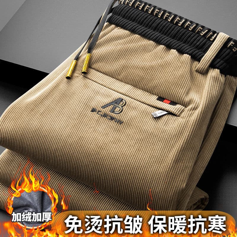 Men's Autumn/Winter Corduroy Loose Straight Casual Pants with Elastic Waist, Fleece-Lined Thermal Long Pants