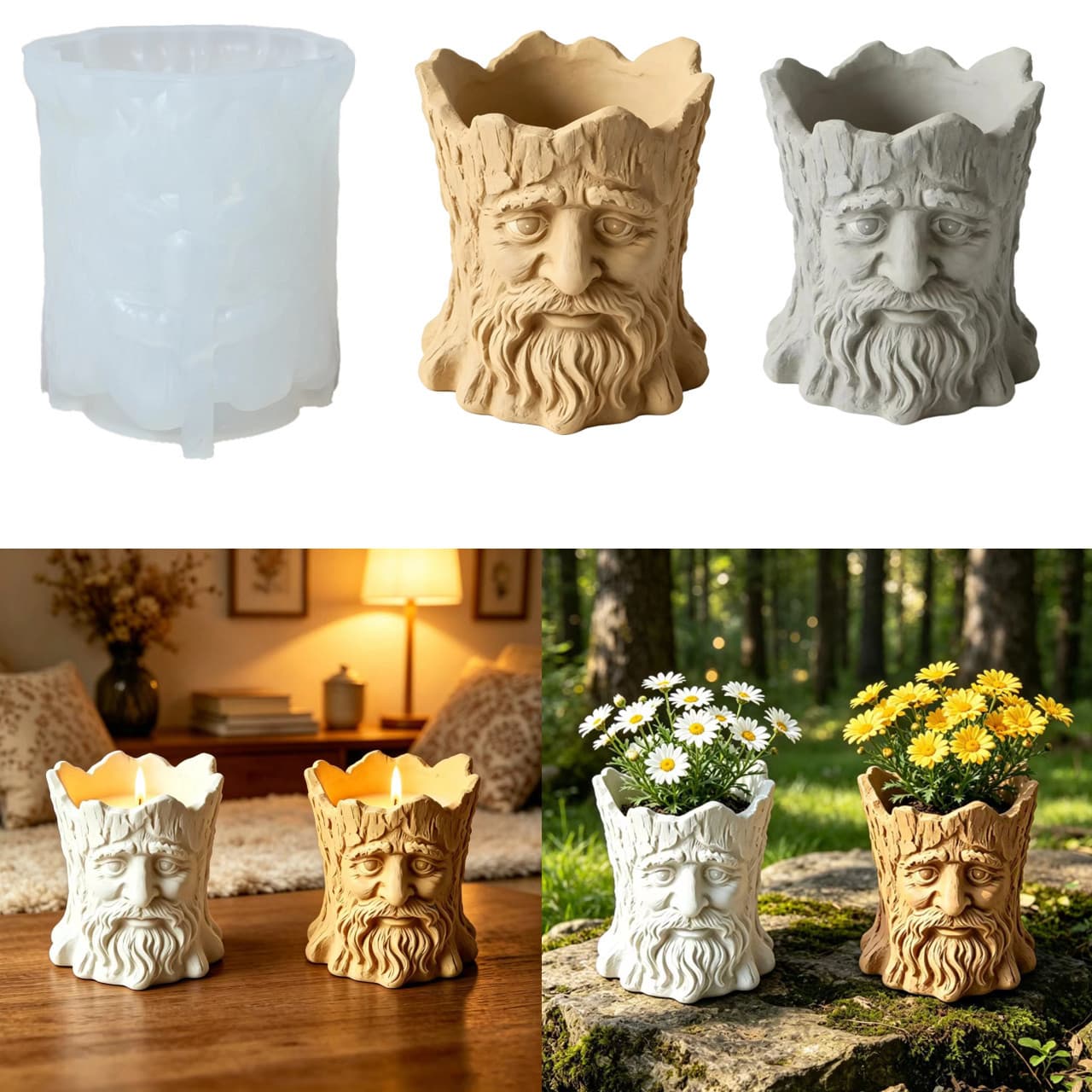 Tree Stump Face Scented Cement Plaster Cup Mold DIY Epoxy Resin Storage Cup Flower Pot Ornament Silicone Mold