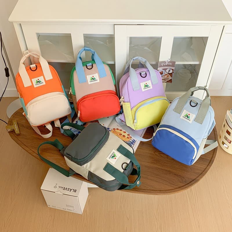 New Trend Kids Bag Korean Dopamine Contrast Color Backpack Niche Letter Color Block Multi-Functional Mini Backpack Schoolbag