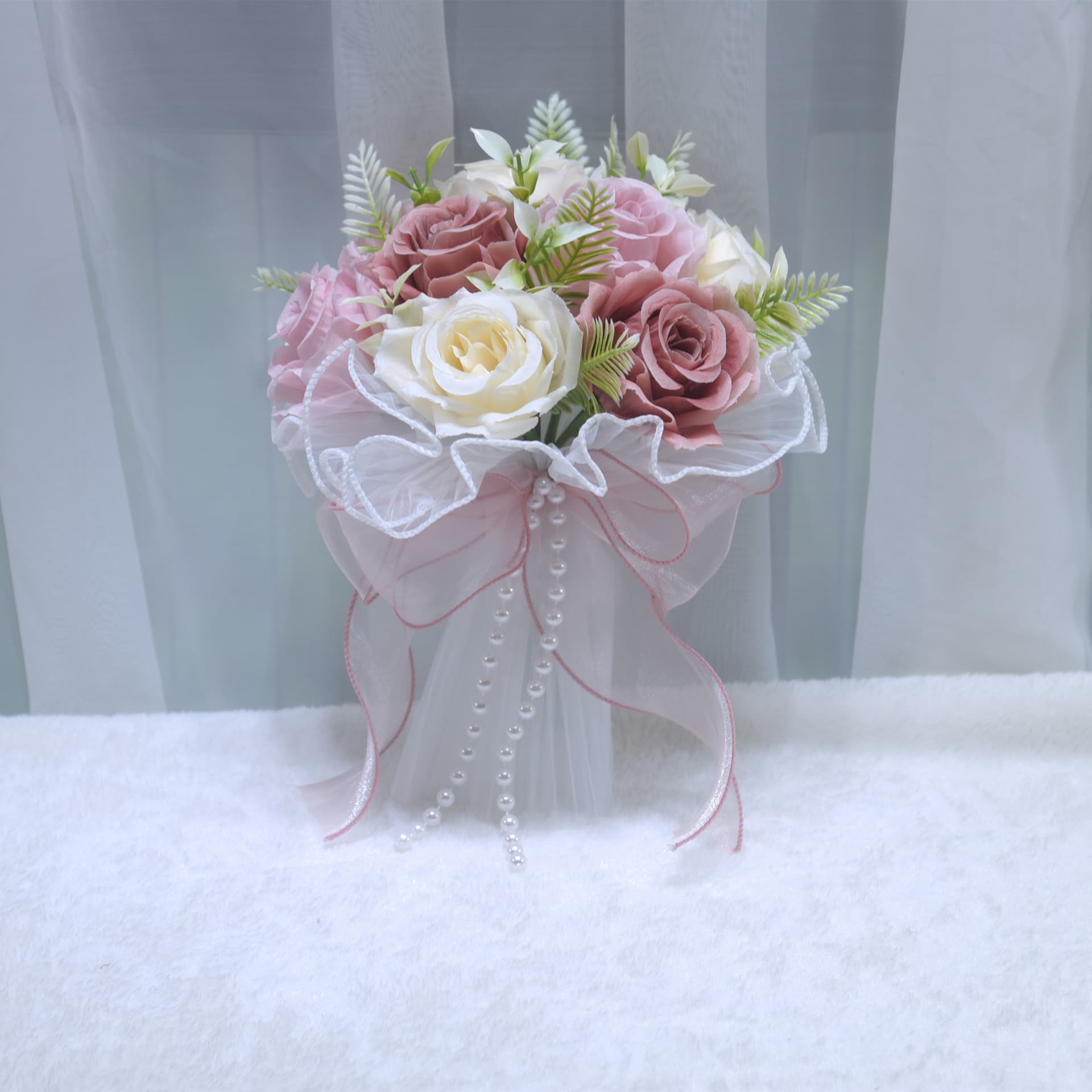 196 Simulated Rose Ball Bridal Bouquet with Pearl Tassels and Mesh Veil, Toss Bouquet for Wedding Photography Props